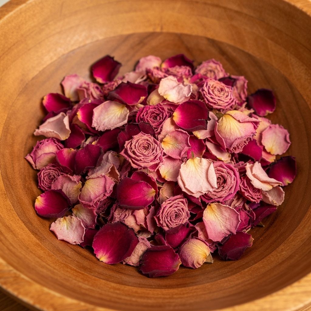 Getrocknete Rosenblätter in Schale