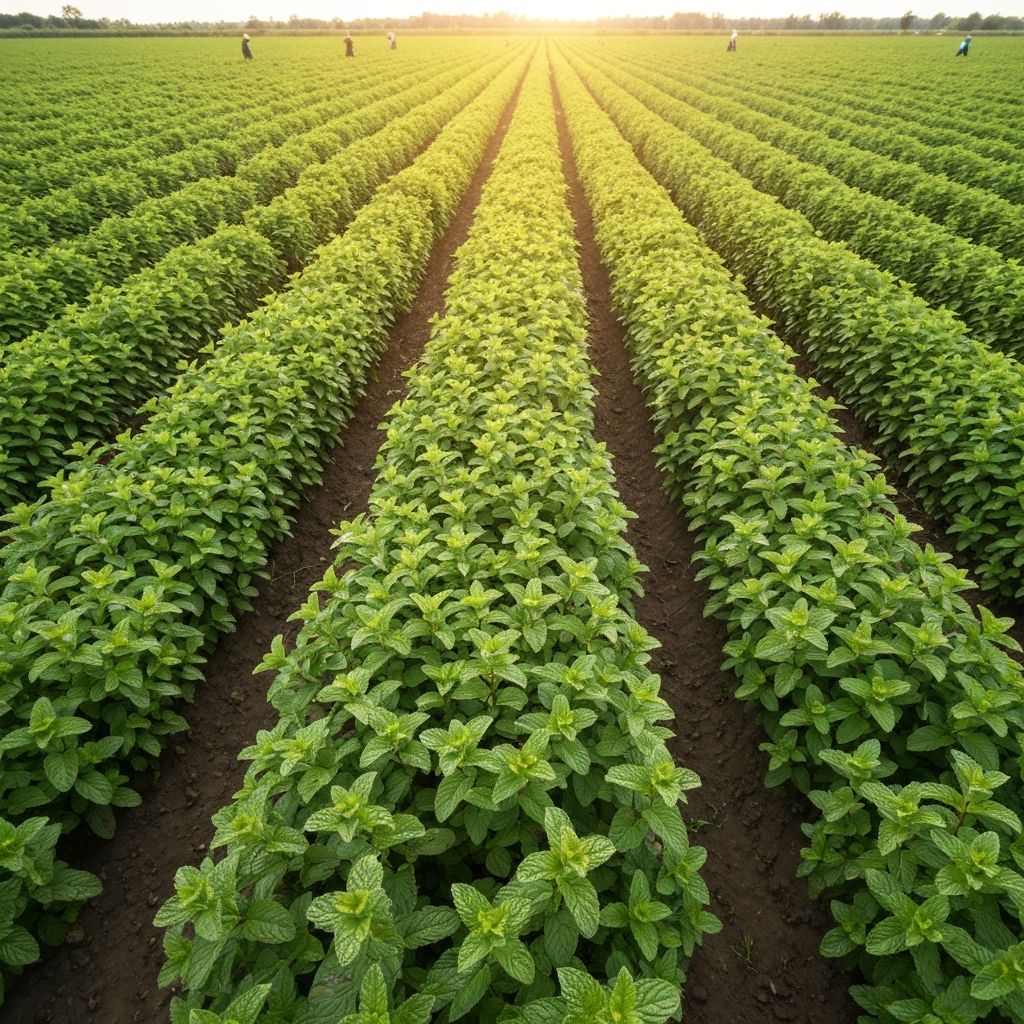 Pfefferminzfeld bei der Ernte